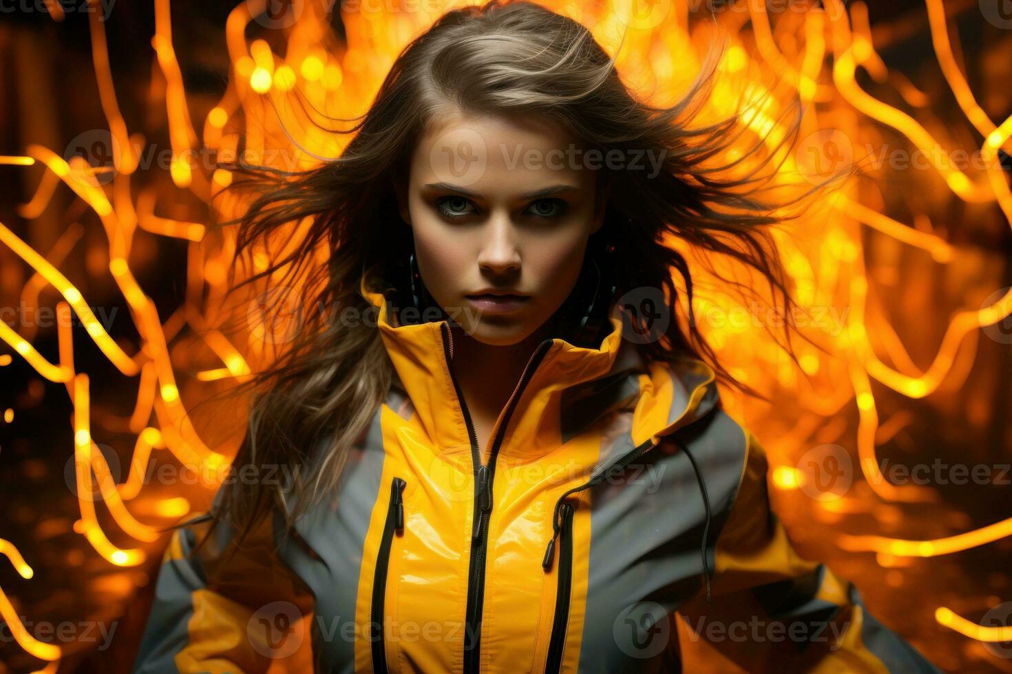 Female model in a retro-futuristic tracksuit with glowing lines.. Generative AI photo