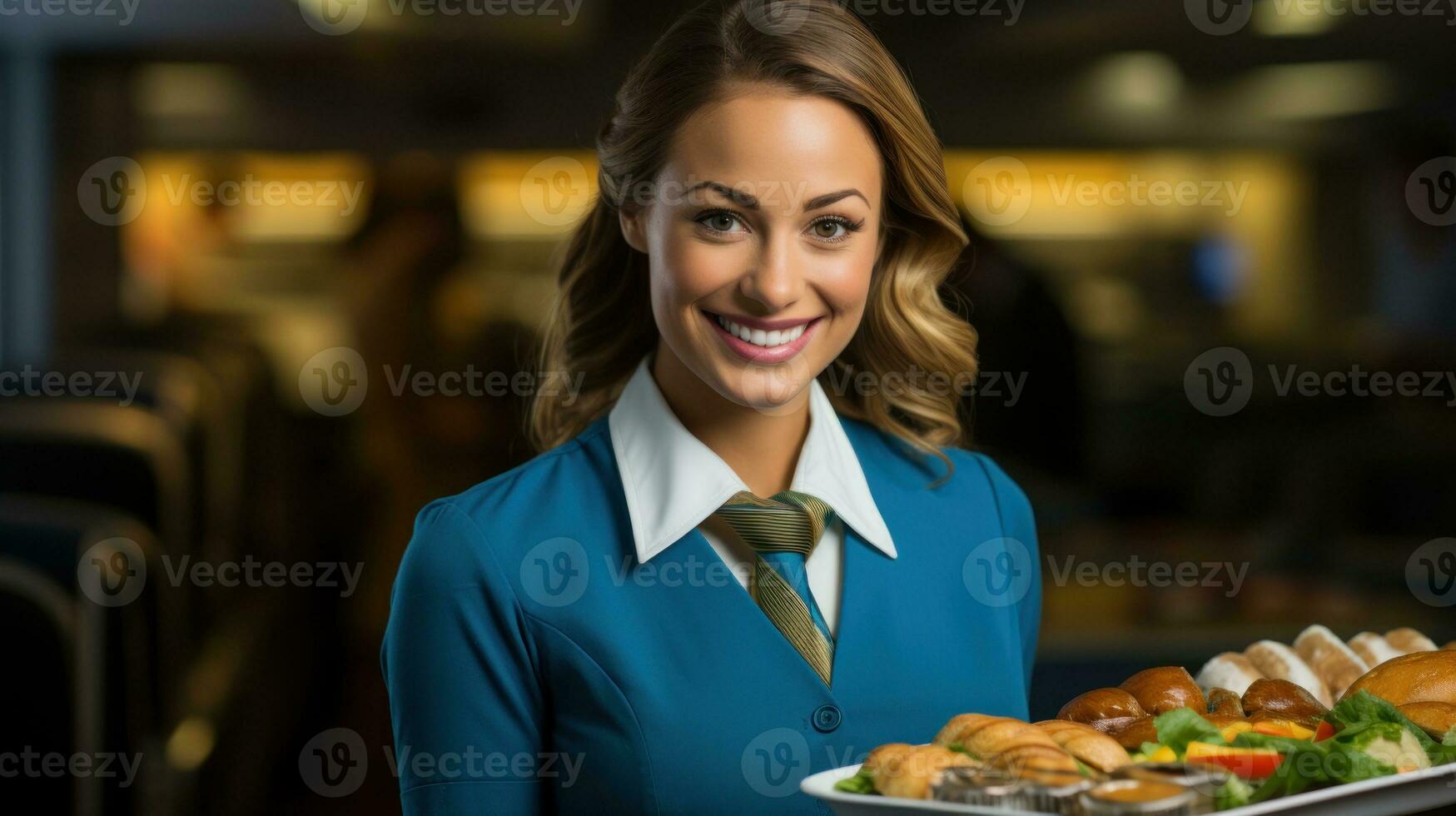azafata mujer servicio comida en un avión. generativo ai foto