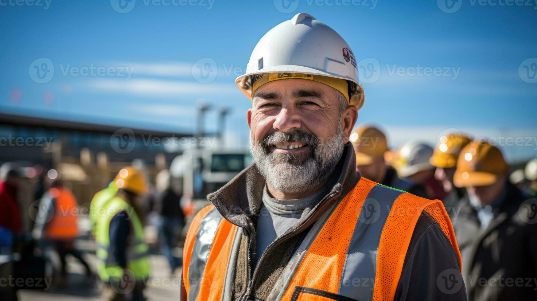 A friendly worker on a crowded construction site. Generative AI photo