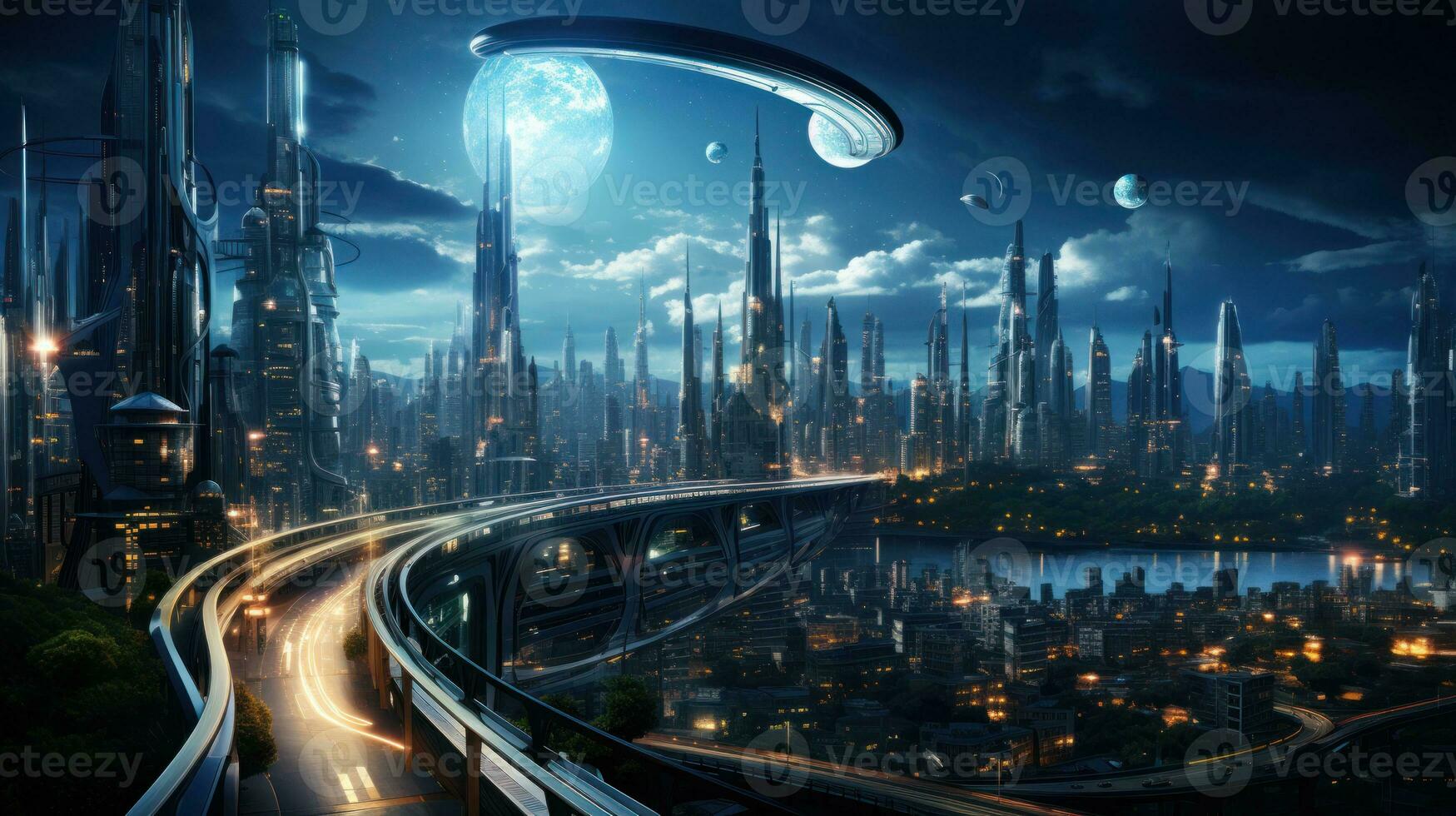 futurista paisaje urbano entre luces de neón rascacielos generativo ai foto