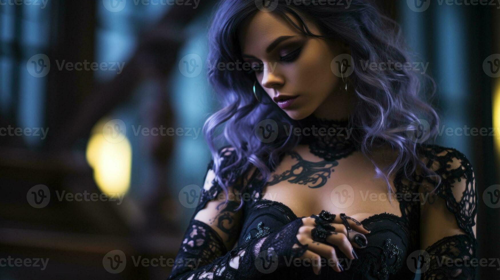 Gothic individual in a black corset and lace gloves.. Generative AI photo