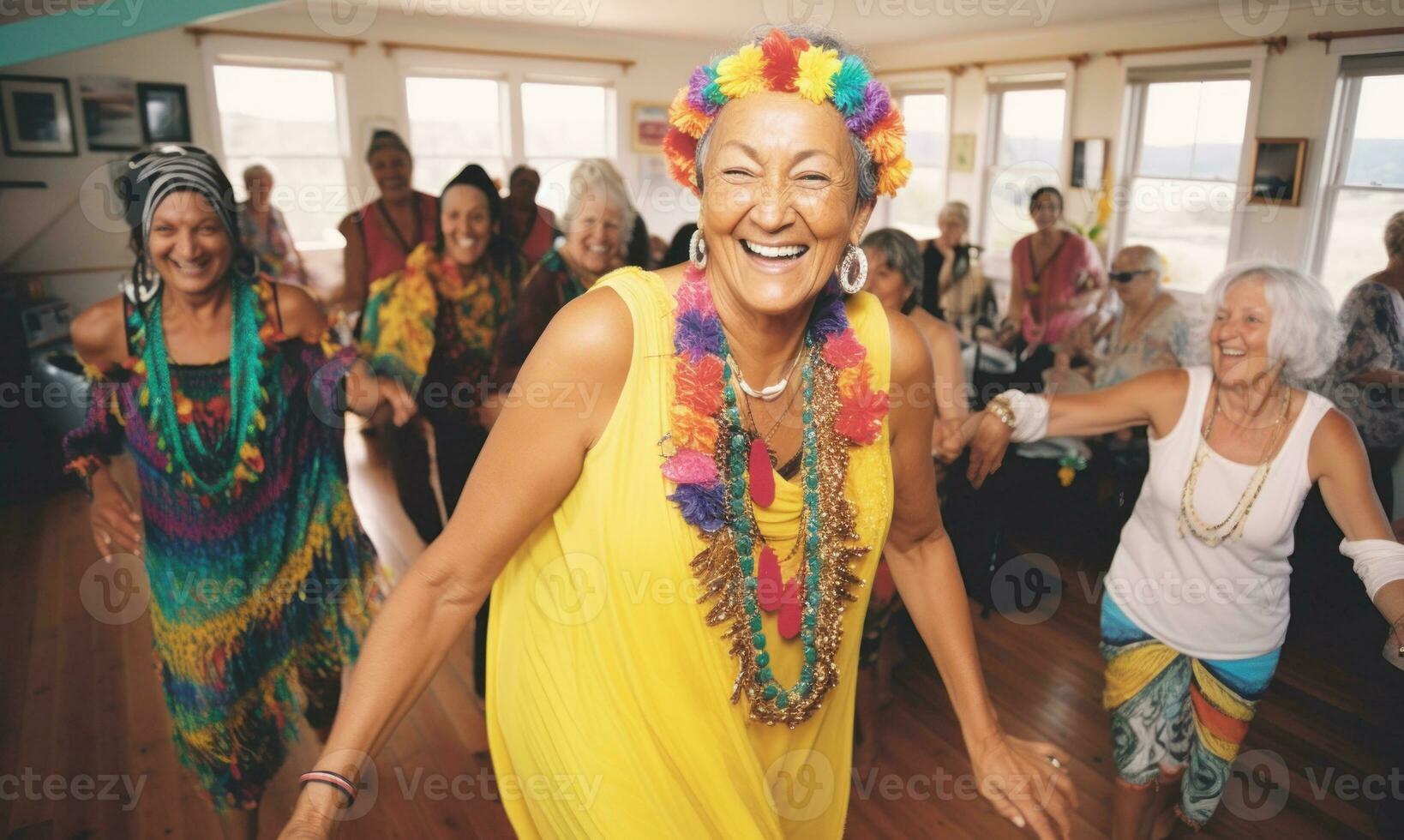 Diverse group of all ages engaged in dance or music, dynamically photographed to capture joy, movement, and rhythm.. Generative AI photo