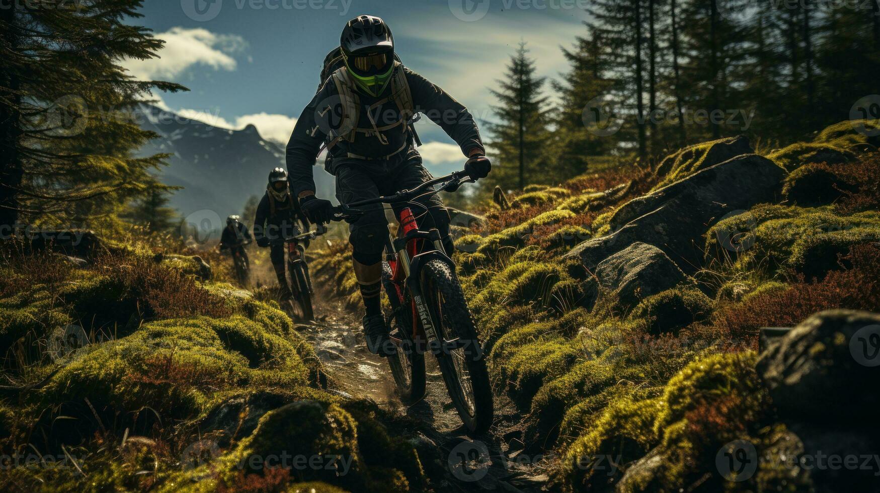 Mountain bikers cycling in the forest. Generative AI photo