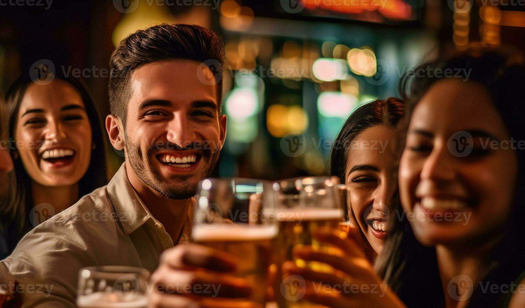 Group of friends drinking beer and having fun. Generative AI photo