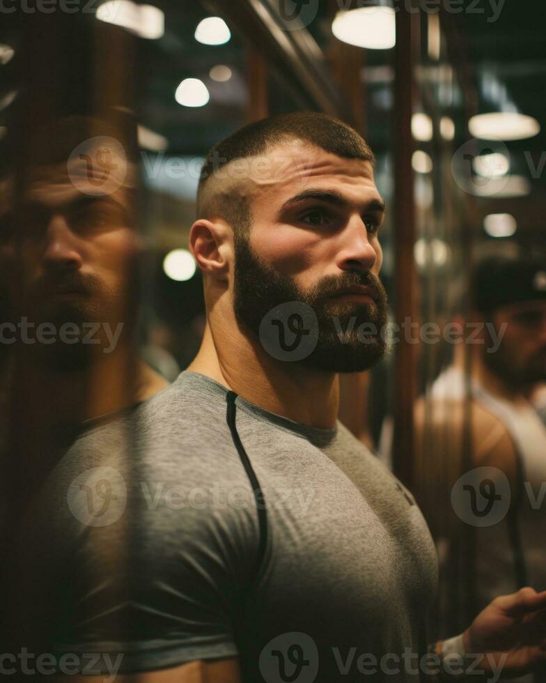 Muscular man posing at the gym. Generative AI photo