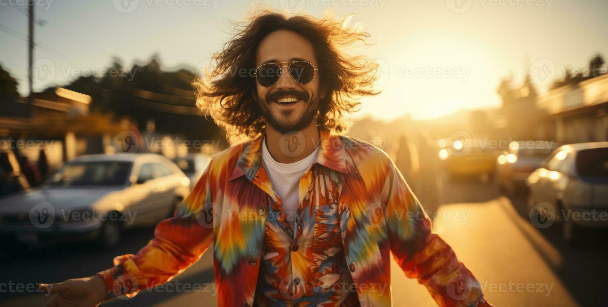 Retro 70s look with a tie-dye shirt.. Generative AI photo
