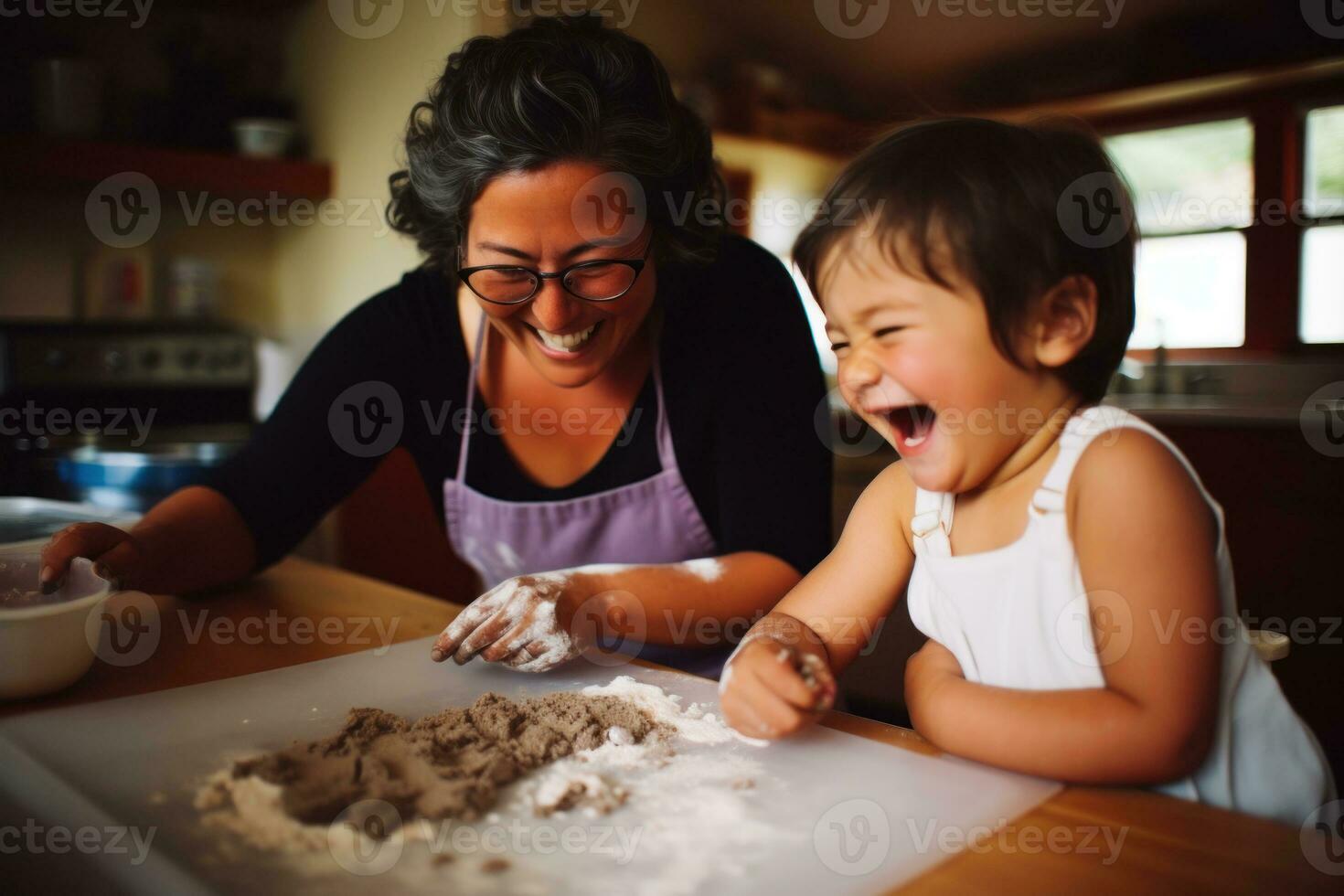 un pequeño niña teniendo divertido en el cocina con su abuela. generativo ai foto