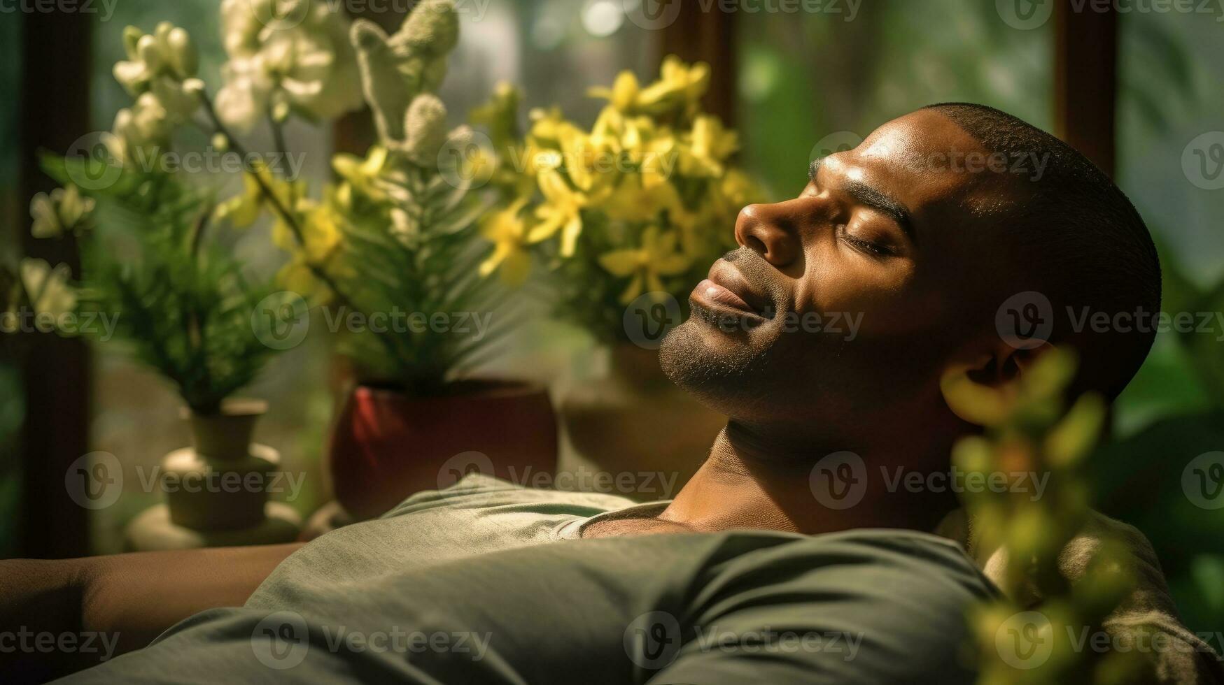 Handsome African American man lying down with his eyes closed. Generative AI photo