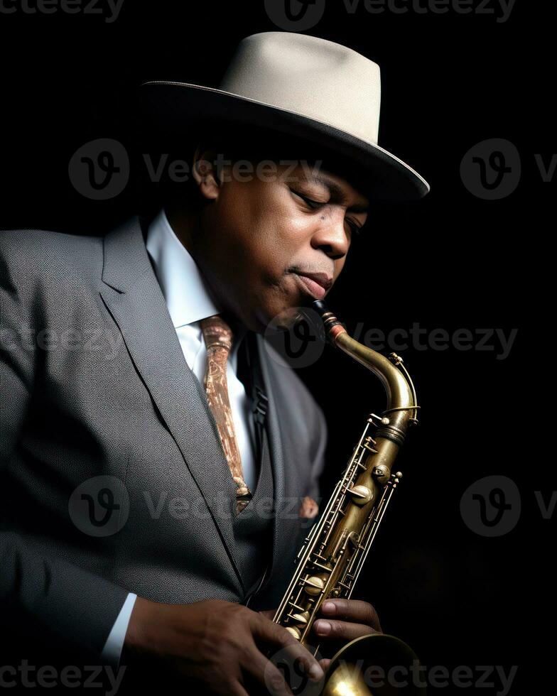 Jazz musician in a pinstripe suit and fedora.. Generative AI photo