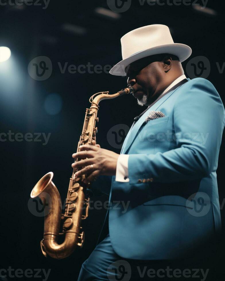 jazz músico en un rayado traje y sombrero de fieltro.. generativo ai foto