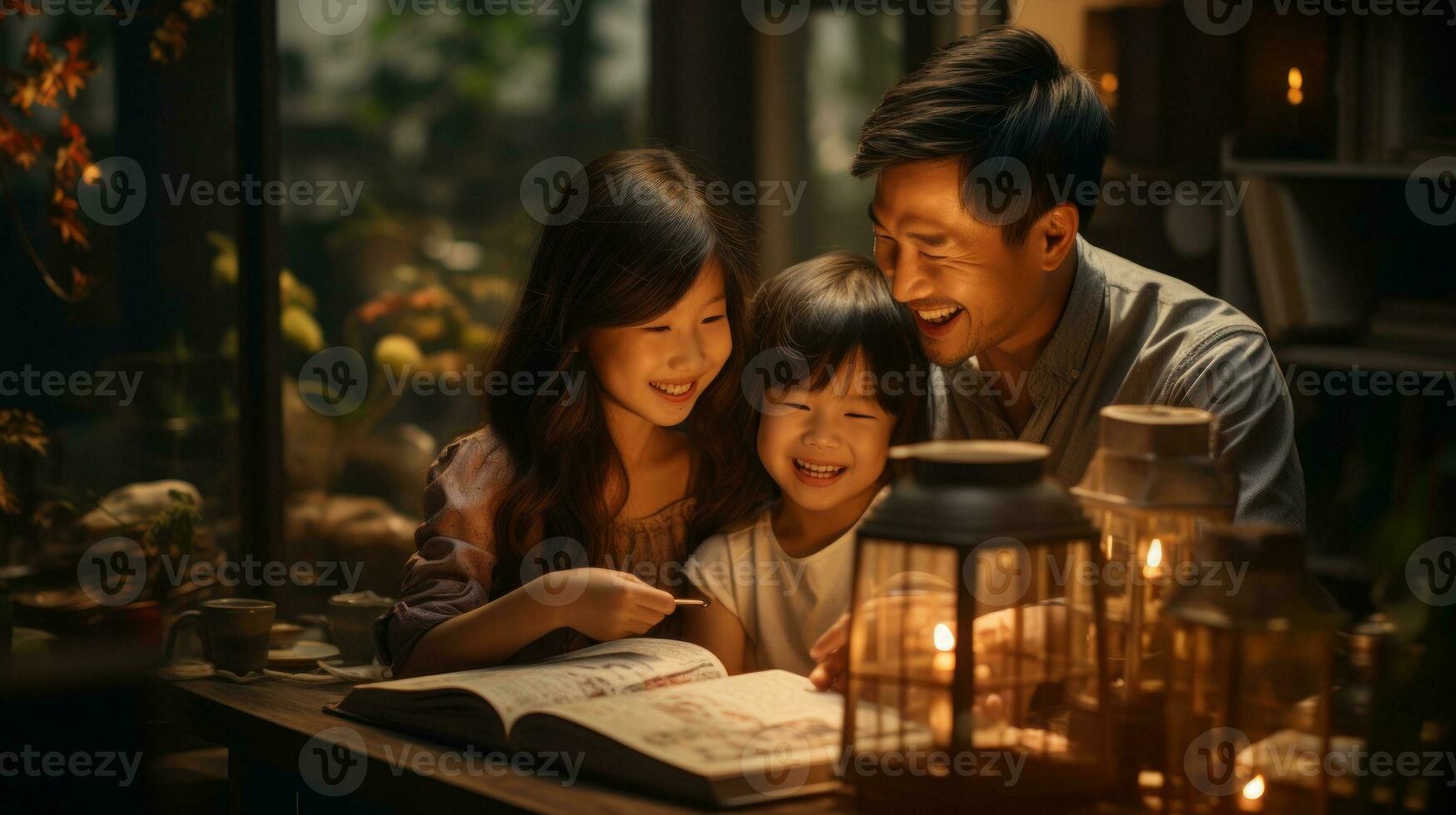 An Asian father and daughter reading something together. Generative AI photo