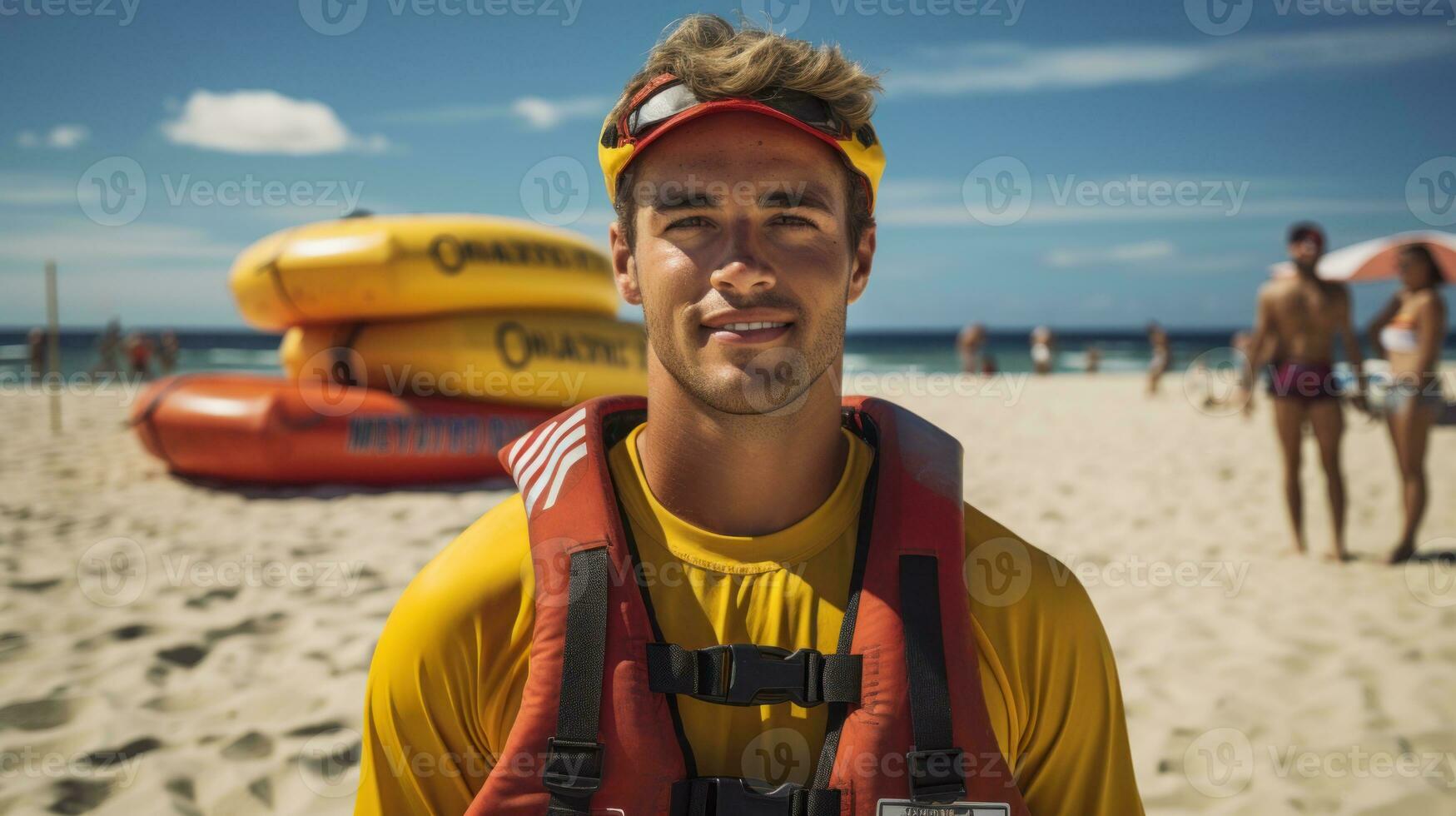 Handsome lifeguard on standby on the beach. Generative AI photo