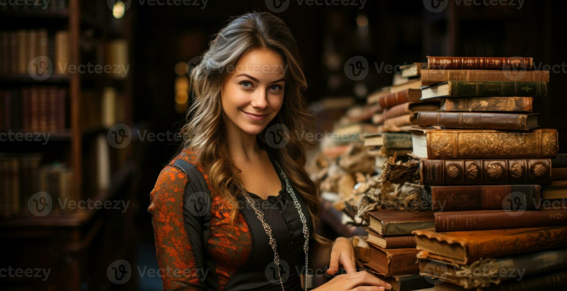 mujer posando con libros en el biblioteca. generativo ai foto