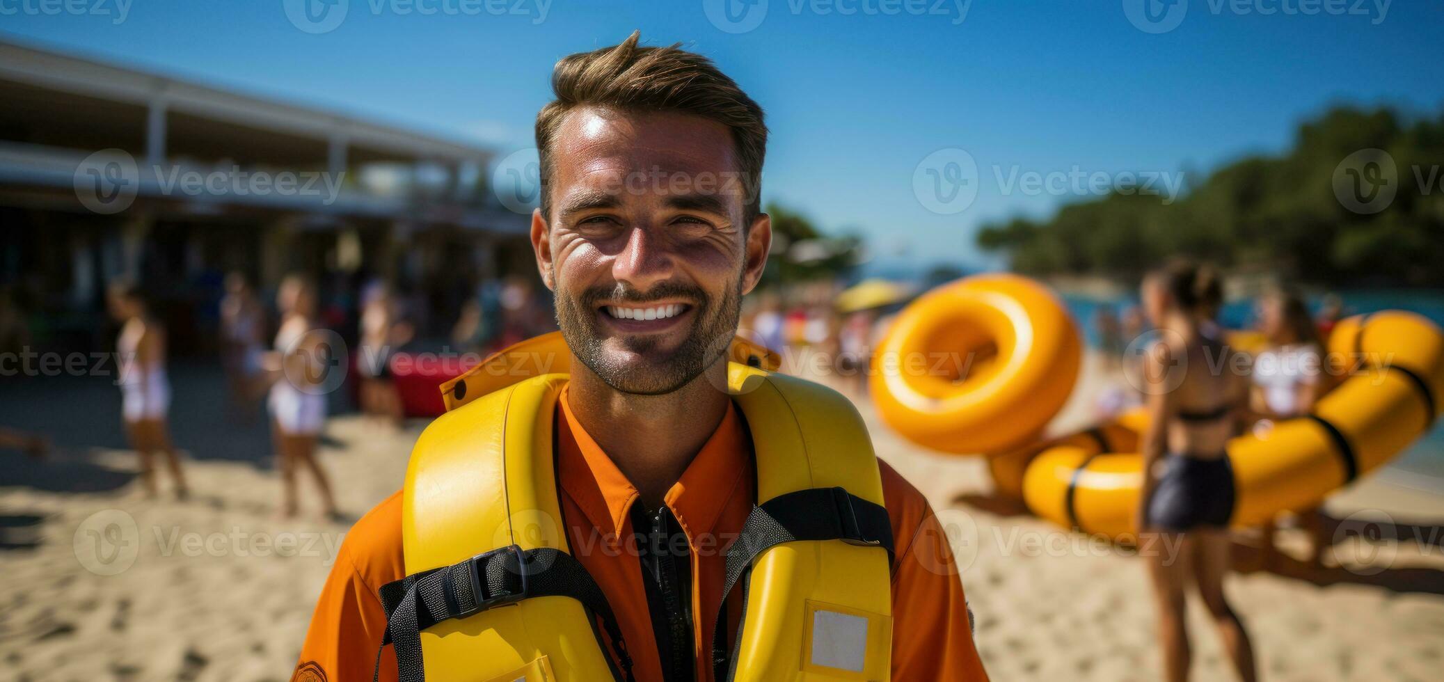 Handsome lifeguard on standby on the beach. Generative AI photo