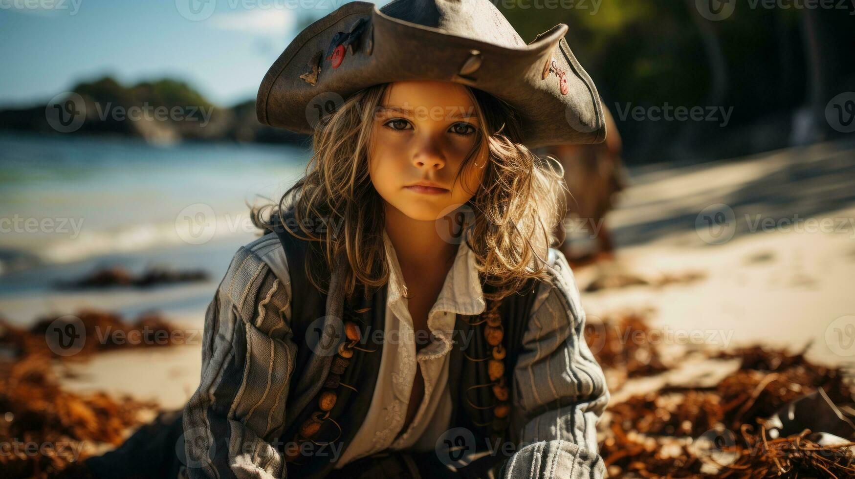 Little boy dressed as a pirate searching for treasure.. Generative AI photo