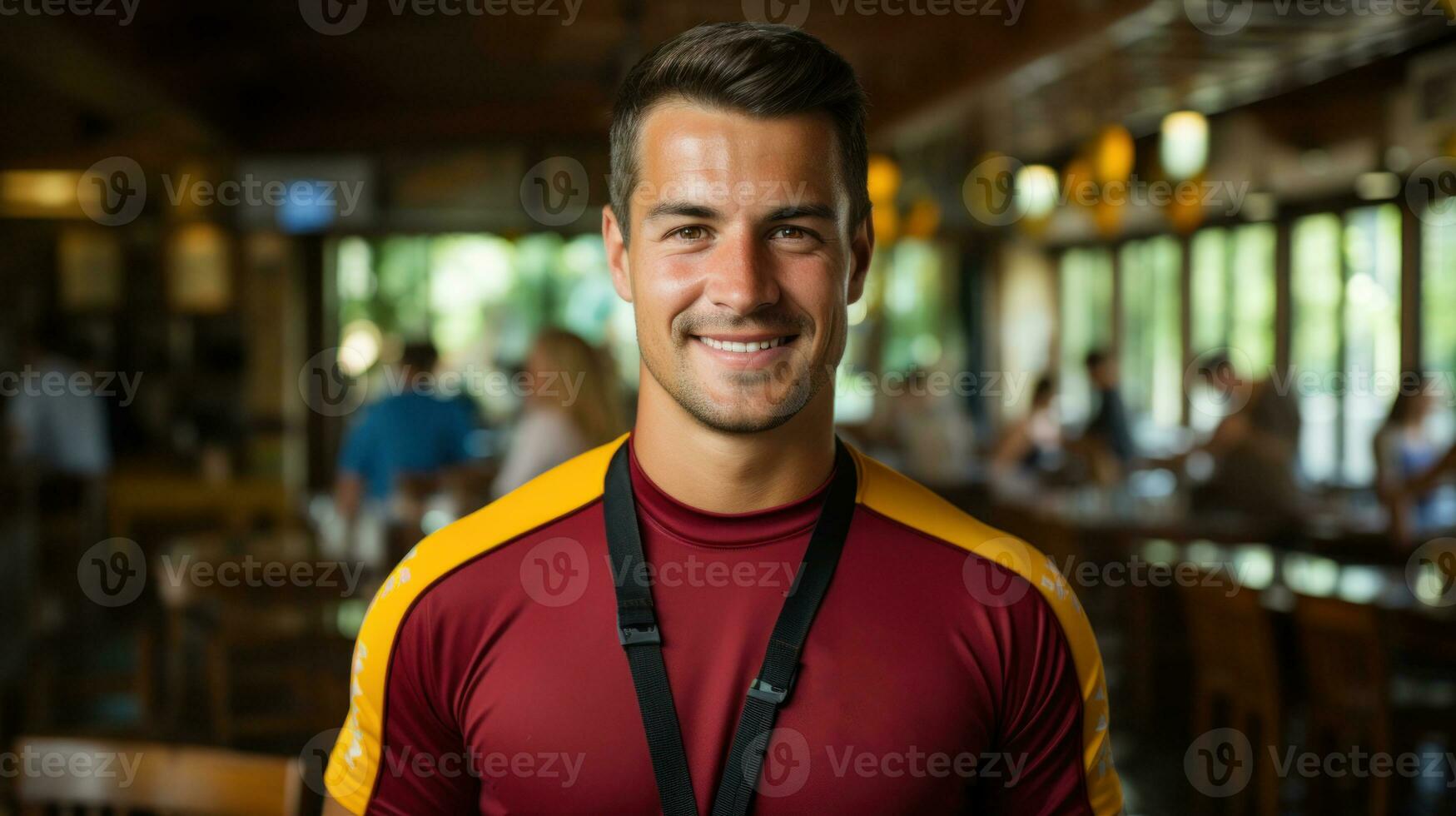 Handsome lifeguard on standby. Generative AI photo
