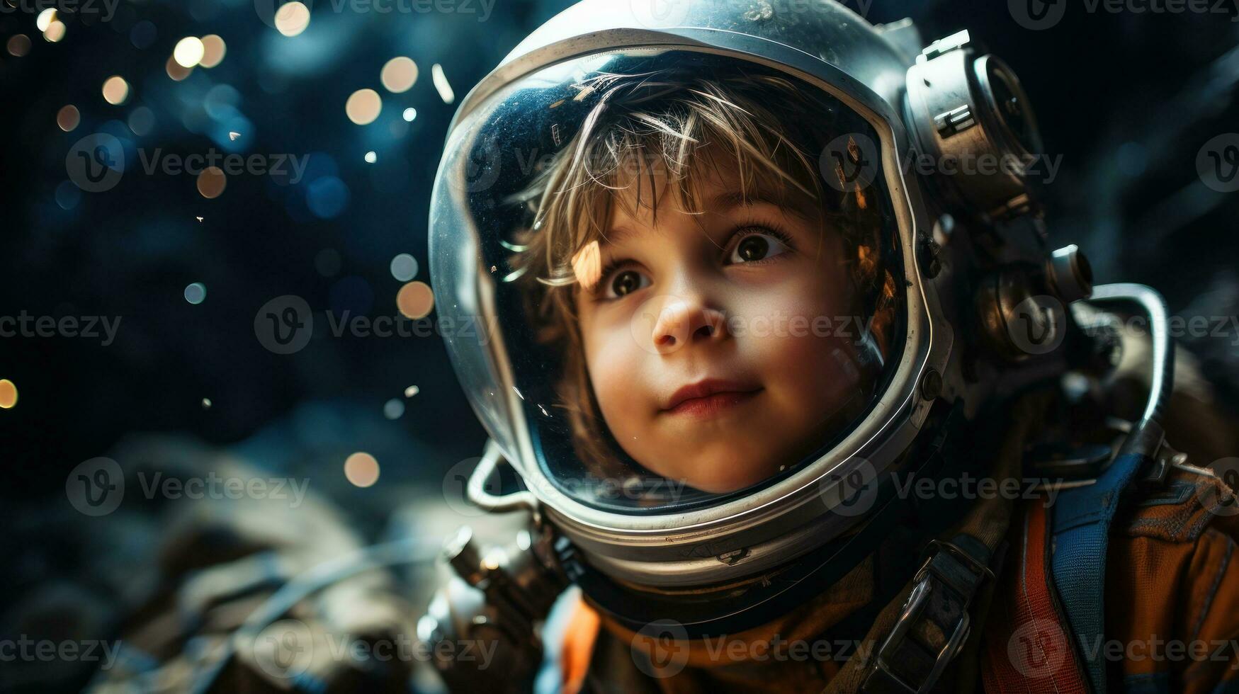 Little boy dressed as an astronaut exploring the stars.. Generative AI photo