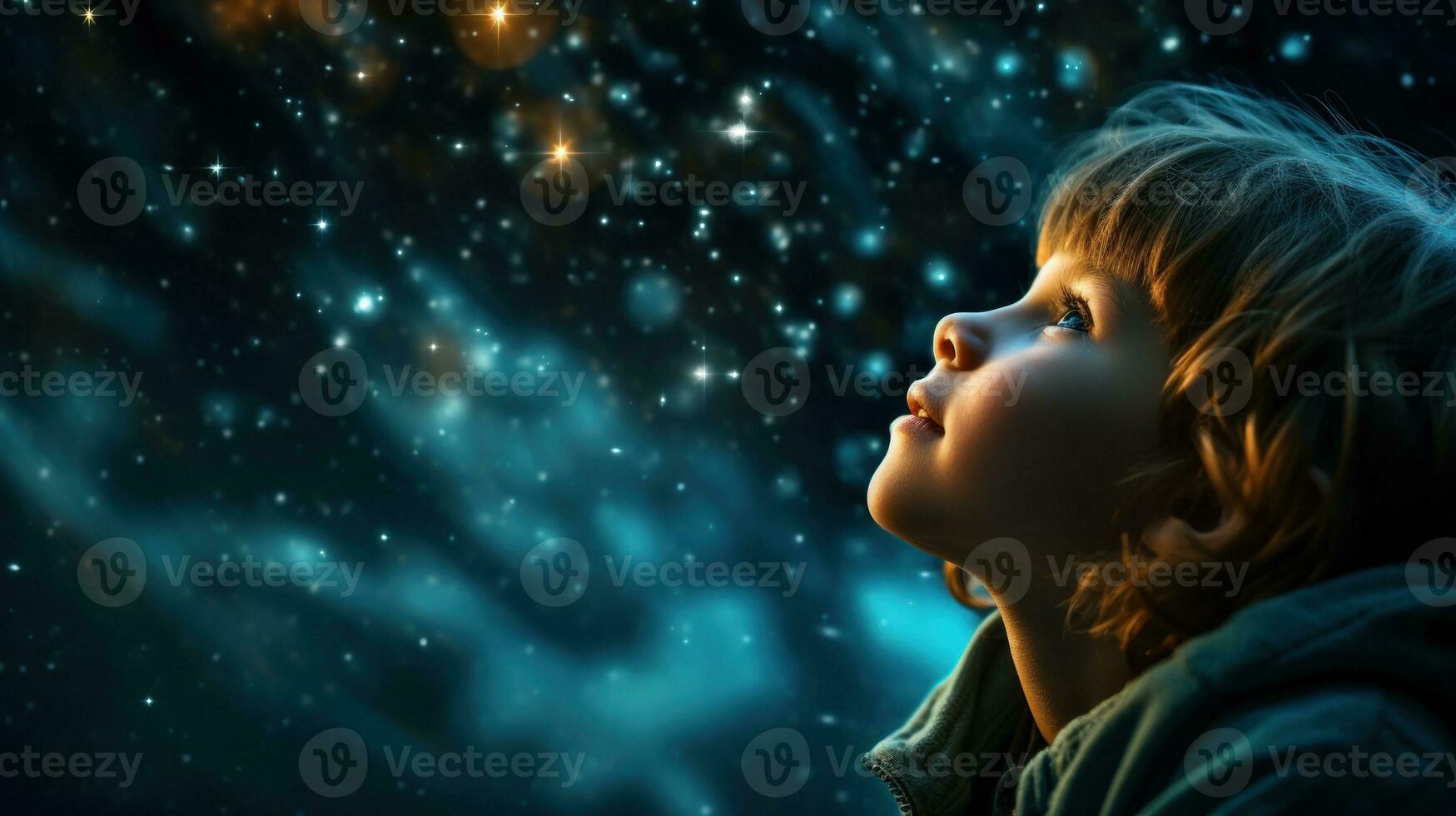 Little boy gazing through at the night sky.. Generative AI photo