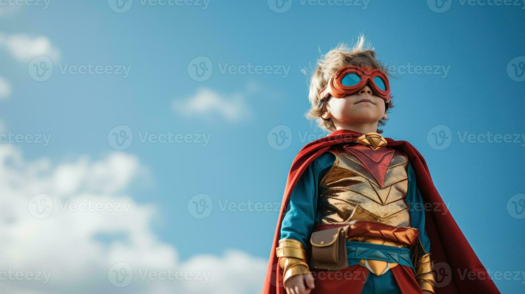 pequeño chico vistiendo un superhéroe capa y mascarilla.. generativo ai foto