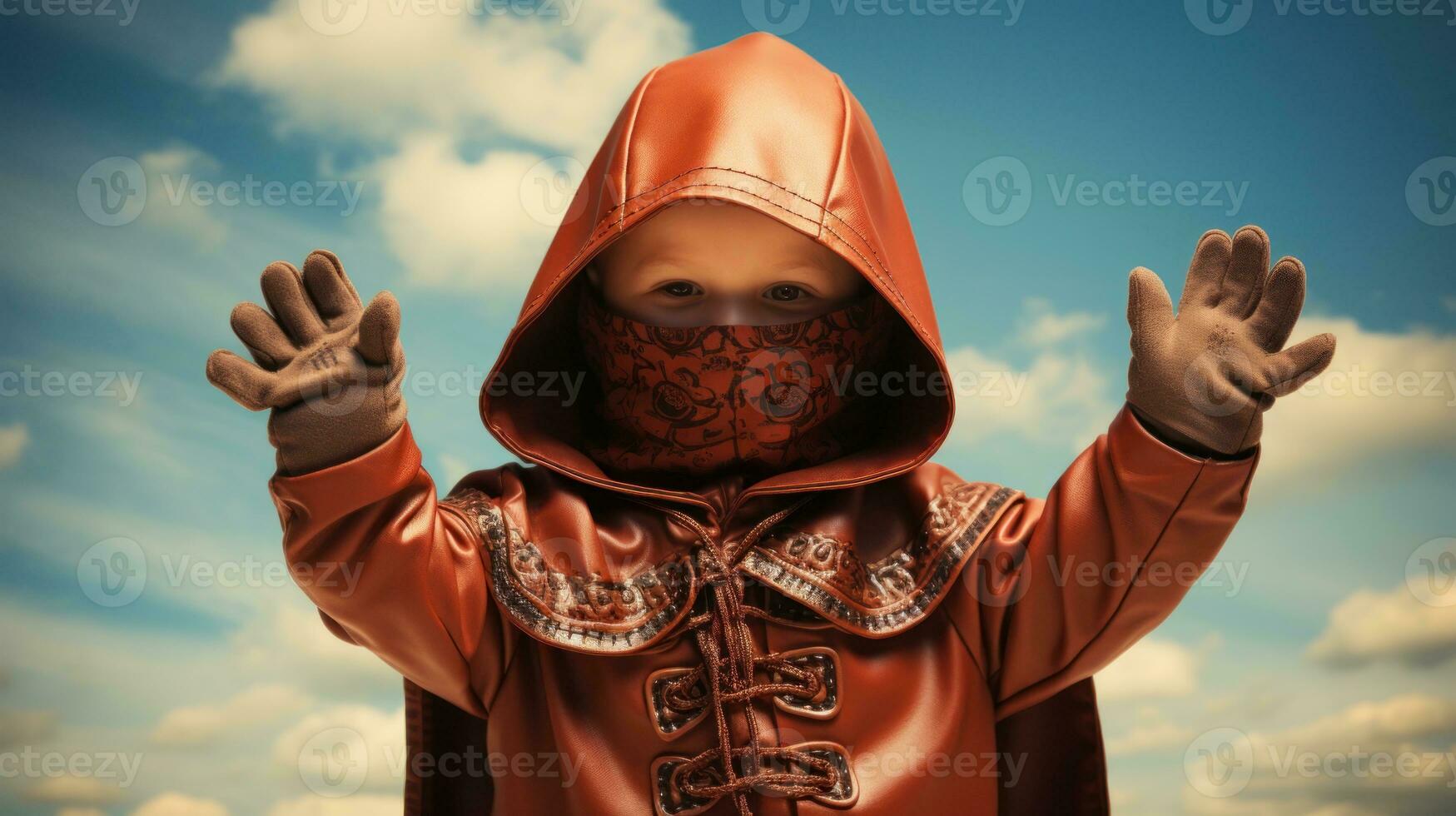 Little boy wearing a superhero cape and mask.. Generative AI photo