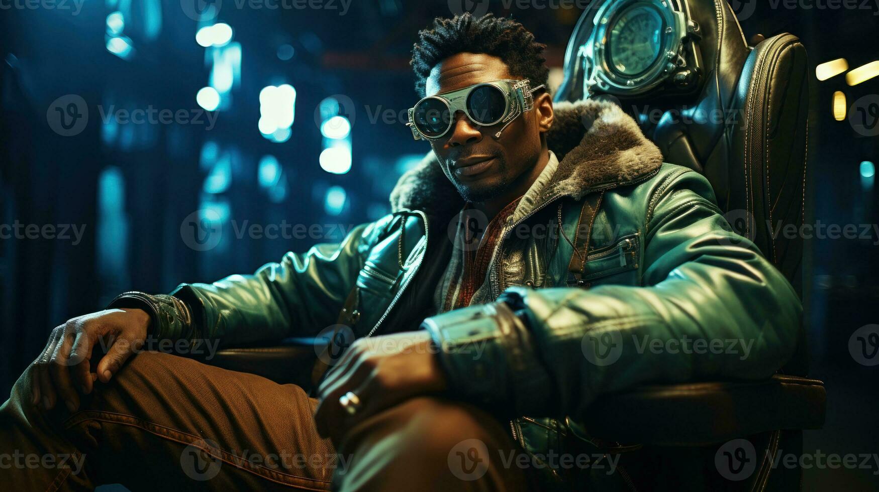 Male model donning retro-futuristic aviator glasses and a metallic leather jacket.. Generative AI photo