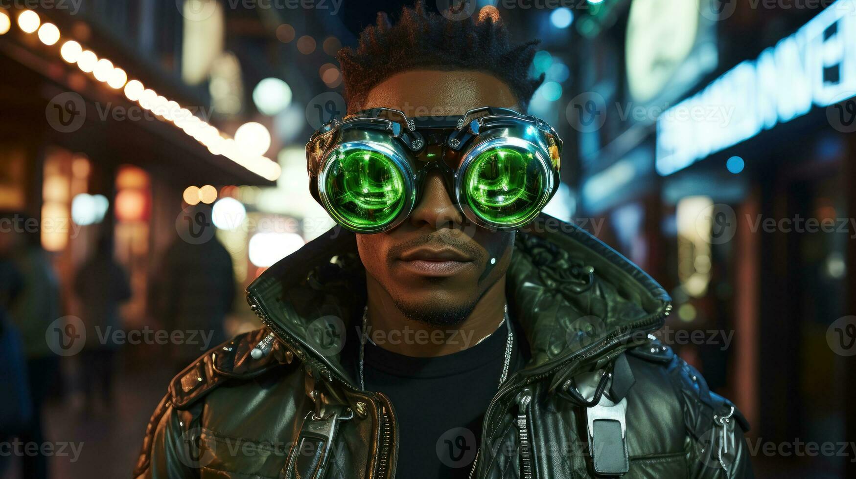 Male model donning retro-futuristic aviator glasses and a metallic leather jacket.. Generative AI photo