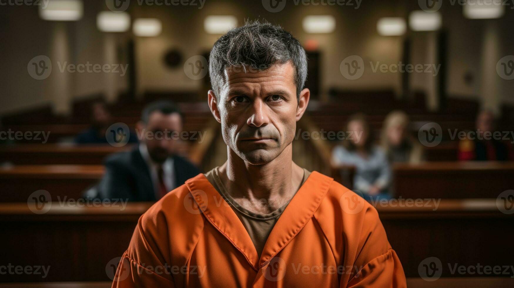 Prisoner in orange suit on trial in court. Generative AI photo