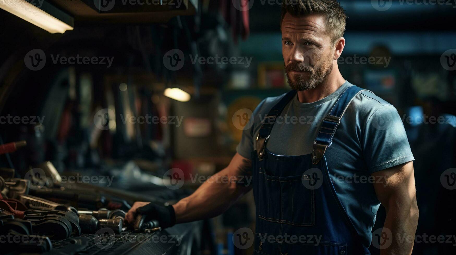 Repair man in the repair shop. Generative AI photo