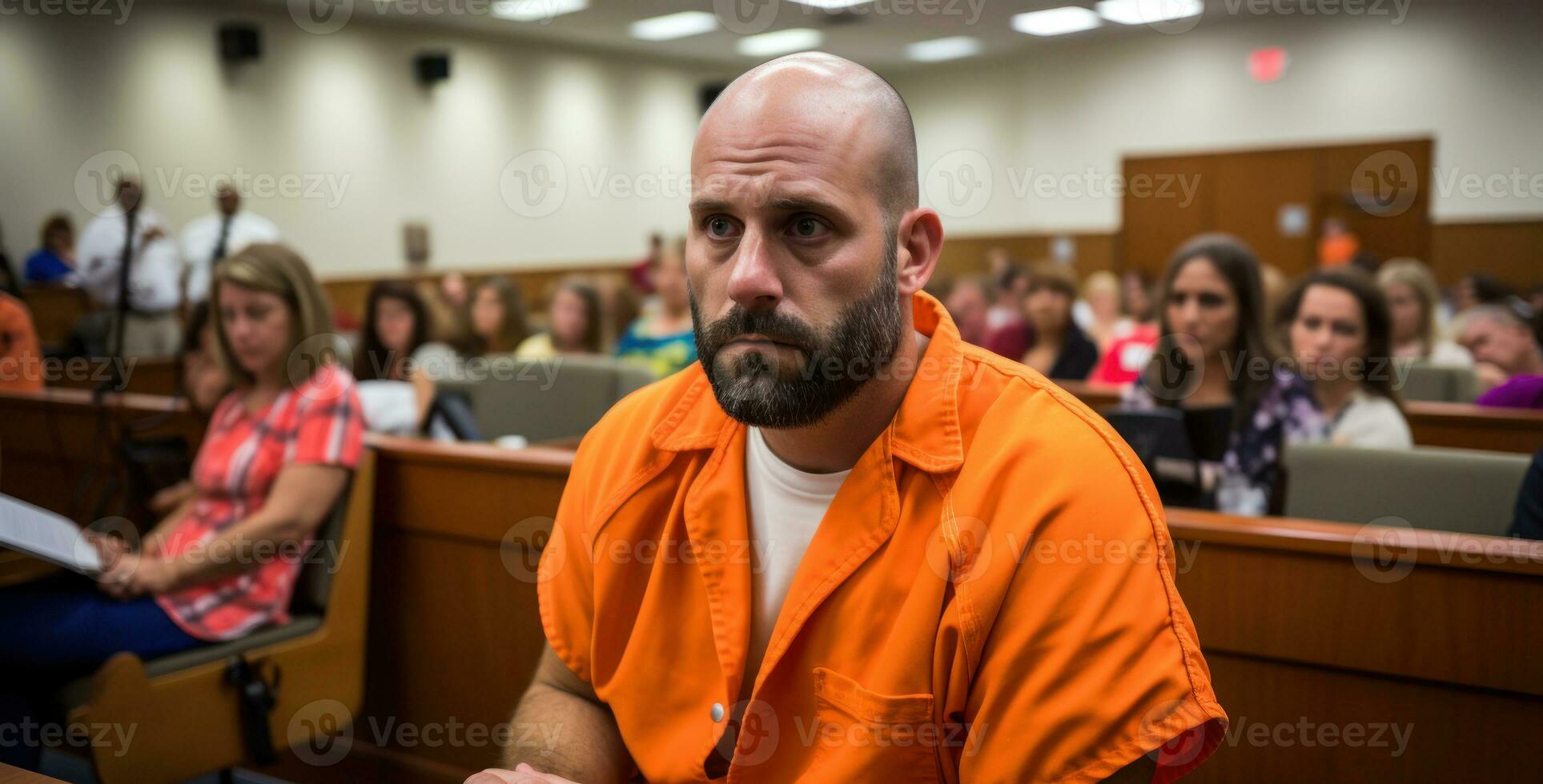 Prisoner in orange suit on trial in court. Generative AI photo