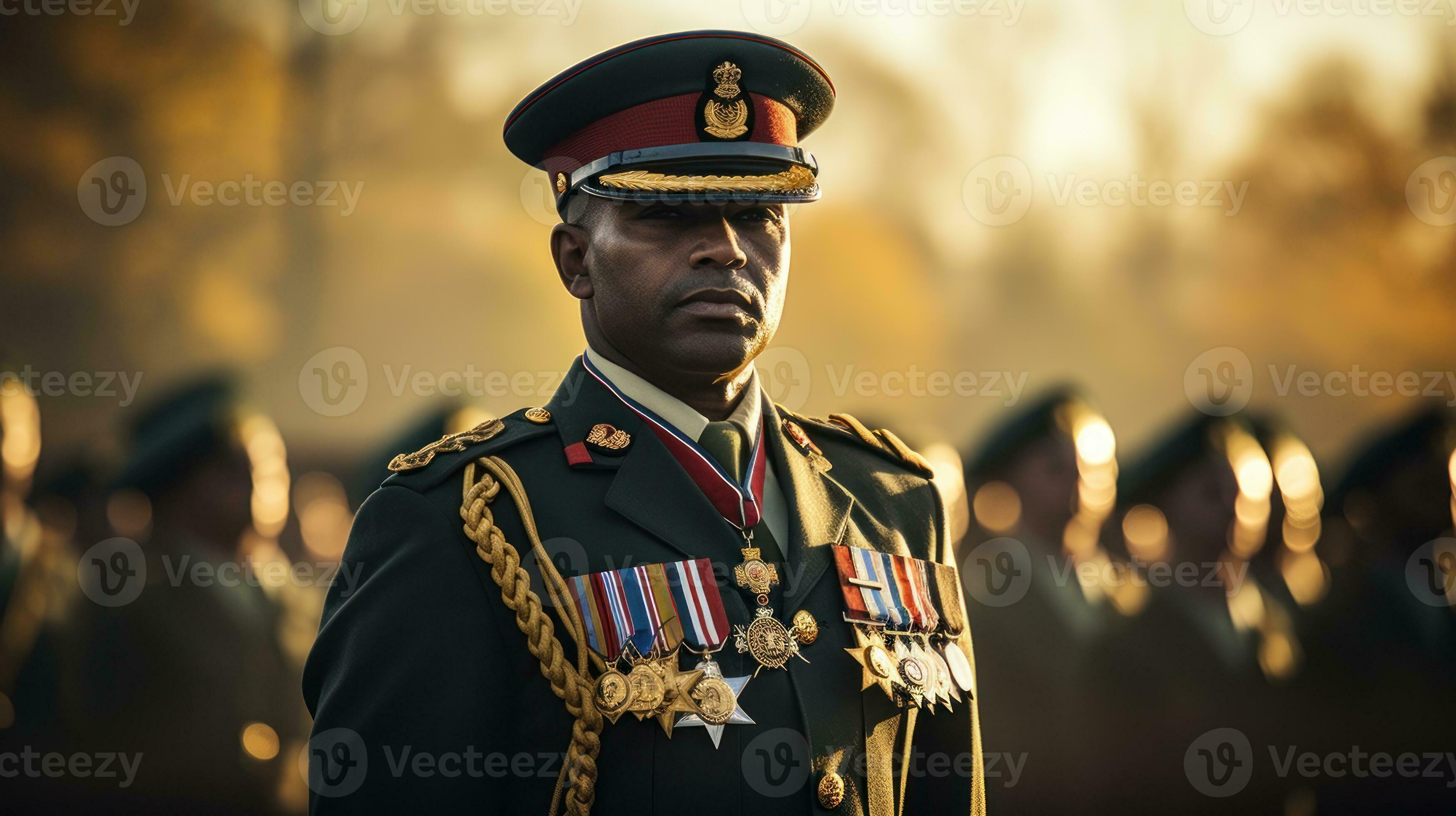 Military officer in a crisp uniform with medals.. Generative AI