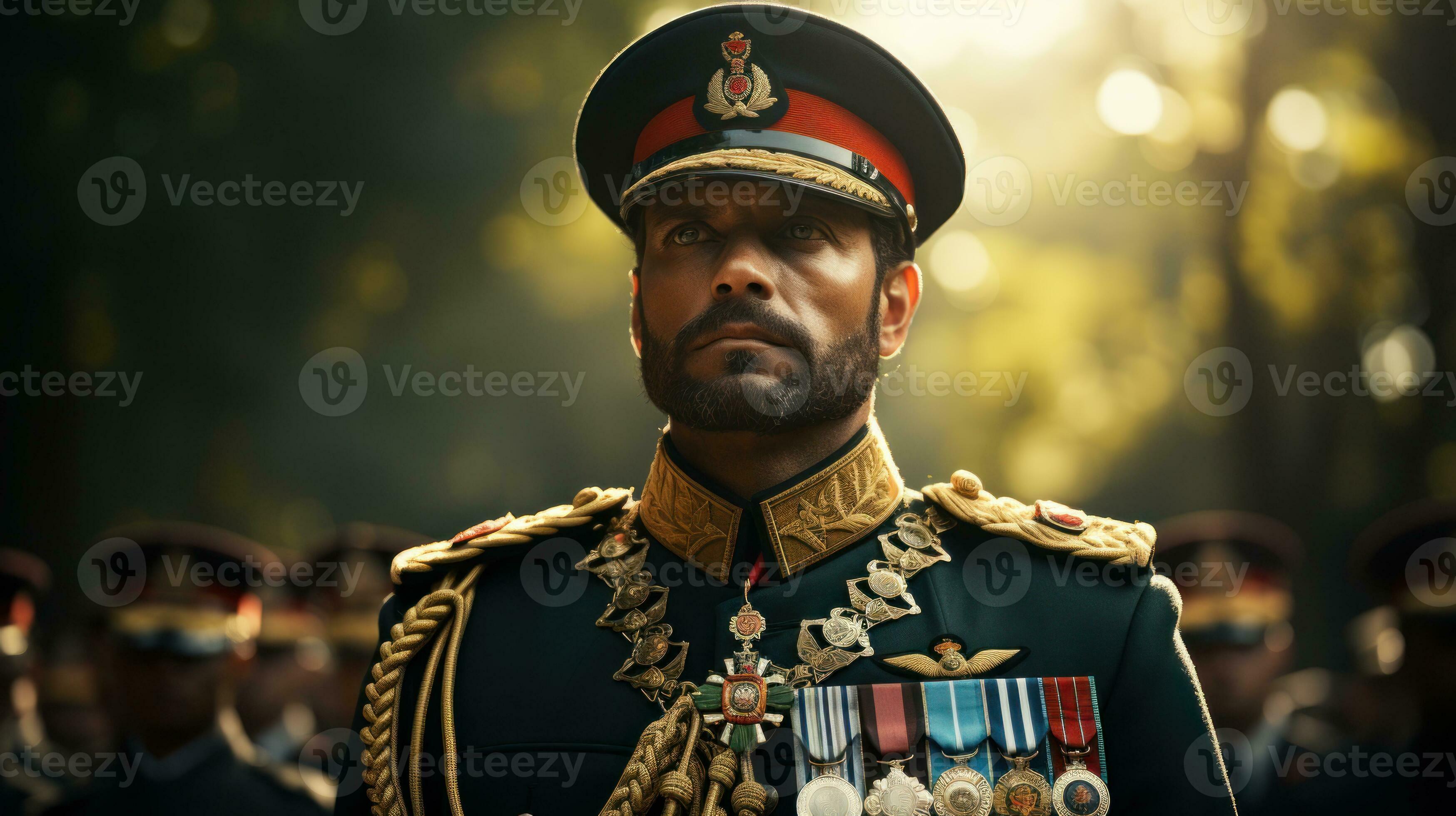 Military officer in a crisp uniform with medals.. Generative AI