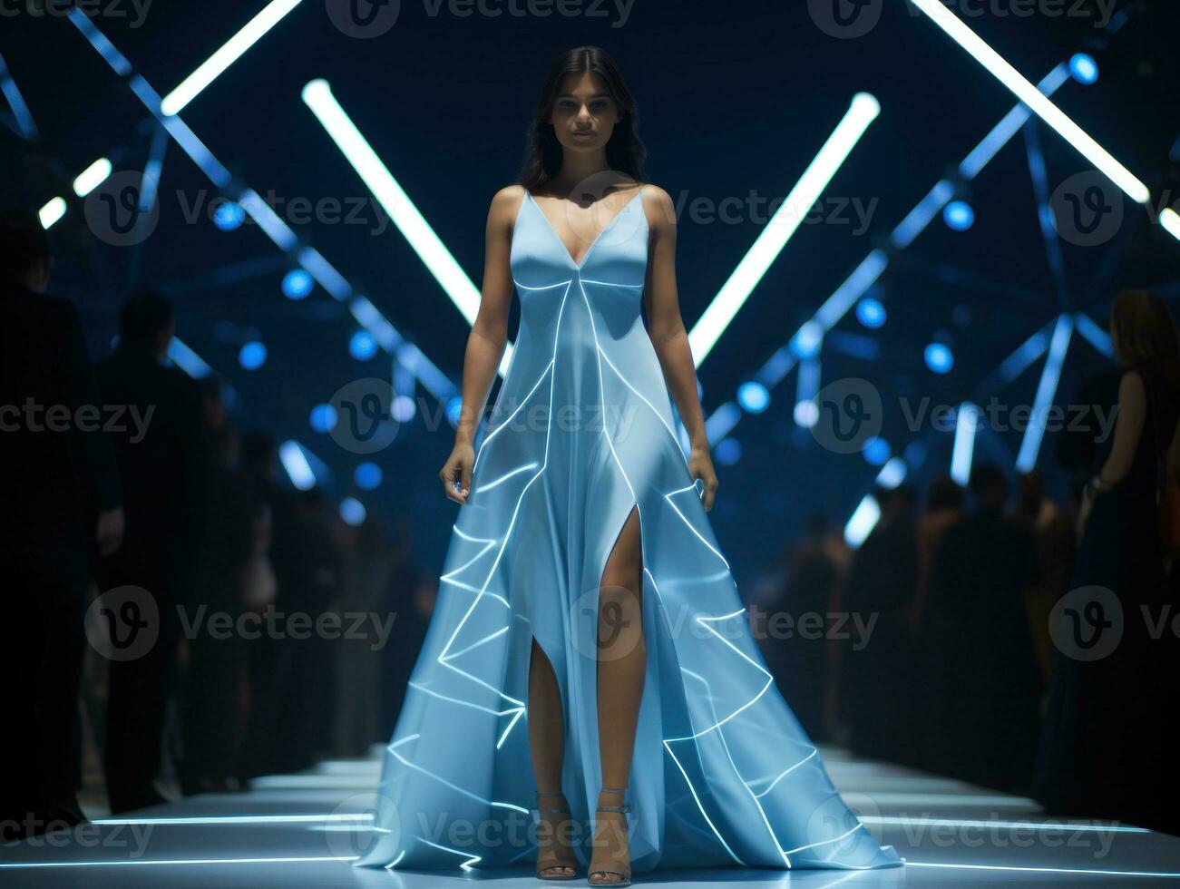 Model in a holographic dress with geometric patterns, walking on a futuristic runway with floating lights.. Generative AI photo