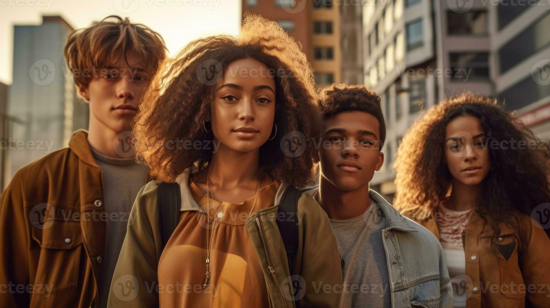Group of friends posing on the street. Generative AI photo