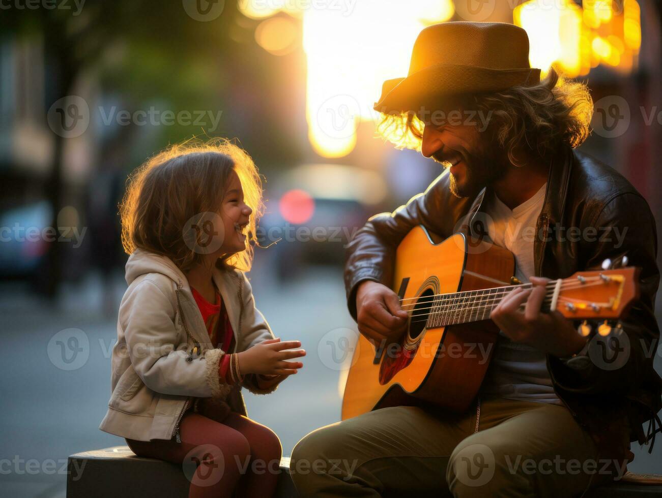 Man playing guitar with street kid. Generative AI photo