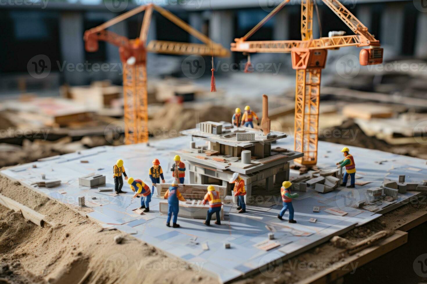 Miniature construction worker figures working in miniature construction. Generative AI photo
