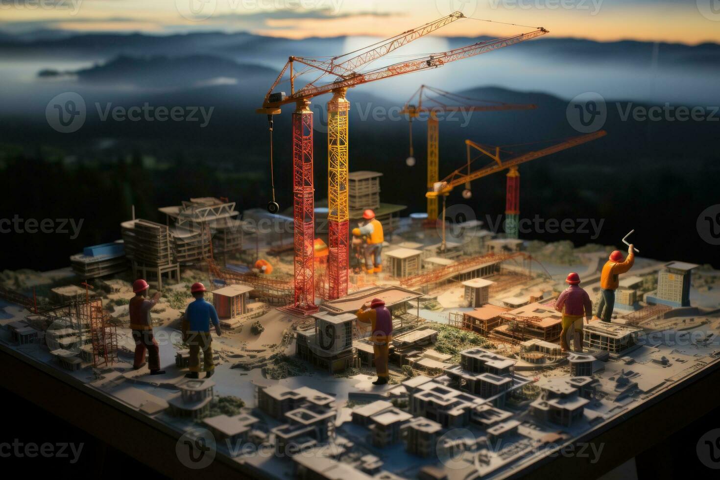 Miniature construction worker figures working in miniature construction. Generative AI photo