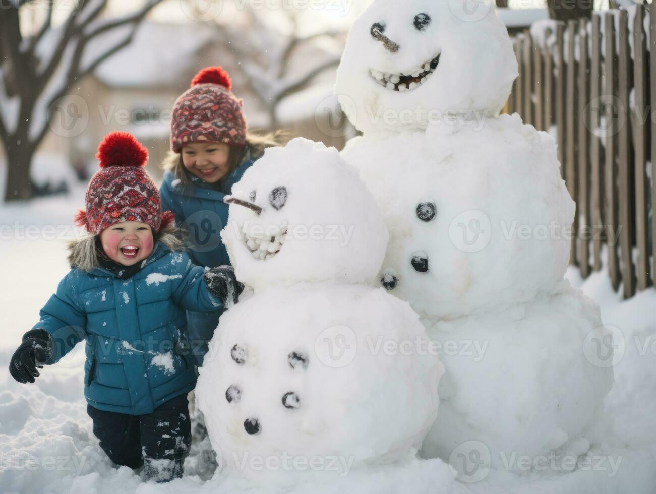 niños edificio muñecos de nieve y jugando en el nieve. generativo ai foto