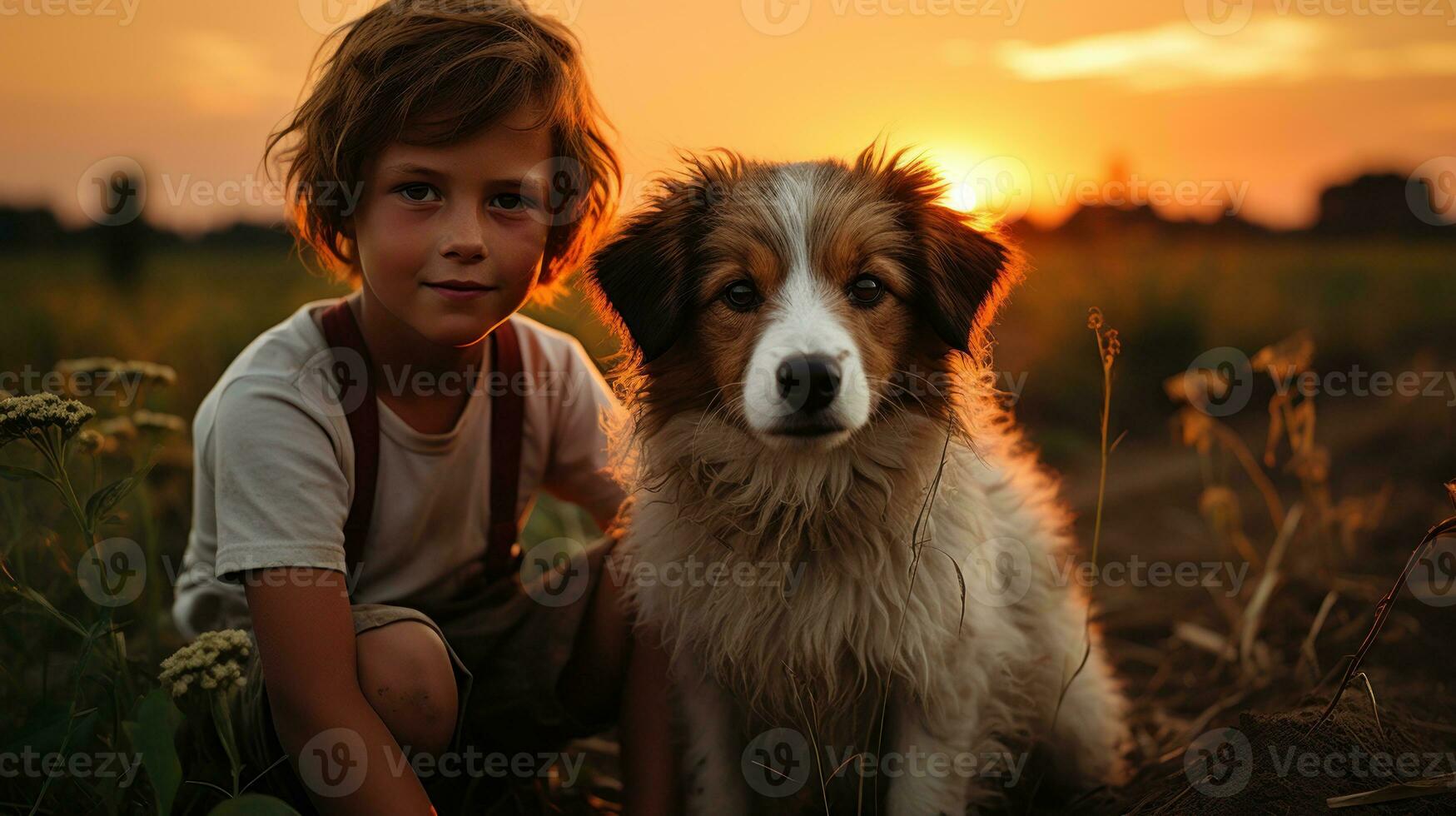 A boy sitting in the countryside with his dog friend. Generative AI photo