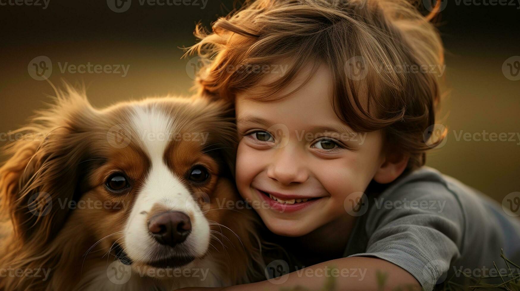 A boy sitting in the countryside with his dog friend. Generative AI photo