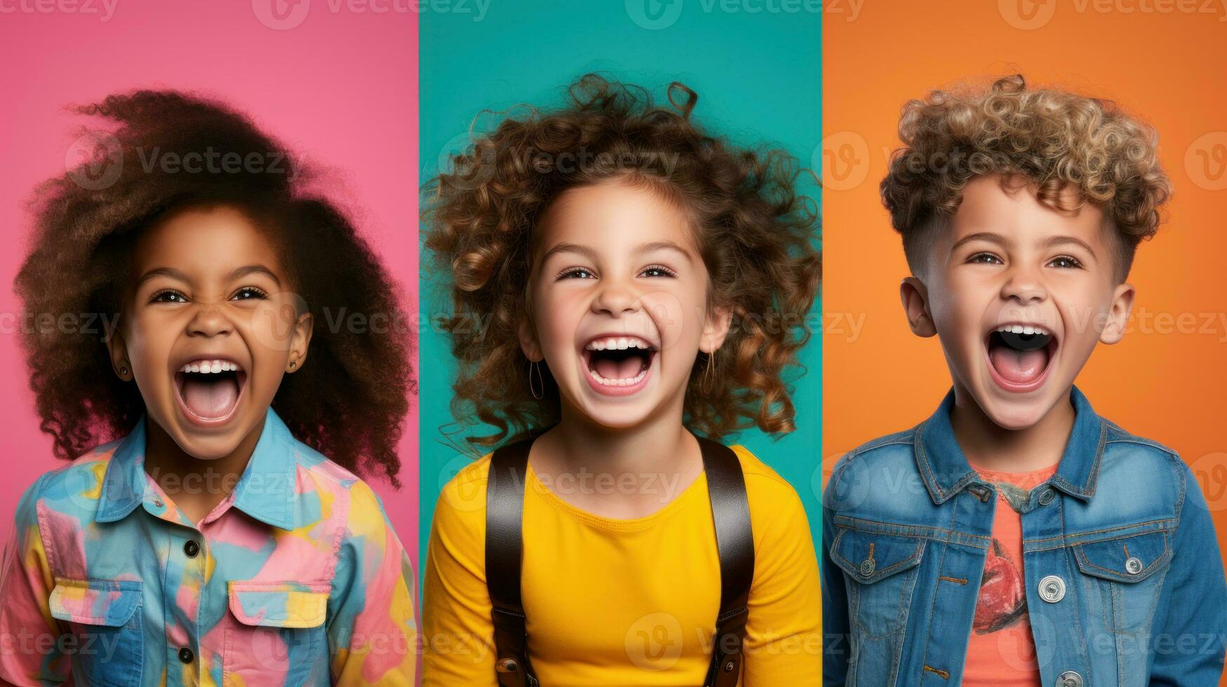 Happy children posing in front of colorful background. Generative AI photo