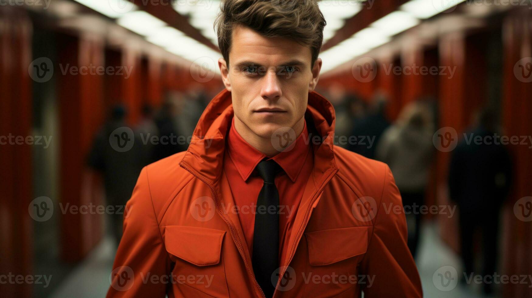 Attractive man posing in front of a tunnel-like passage. Generative AI photo