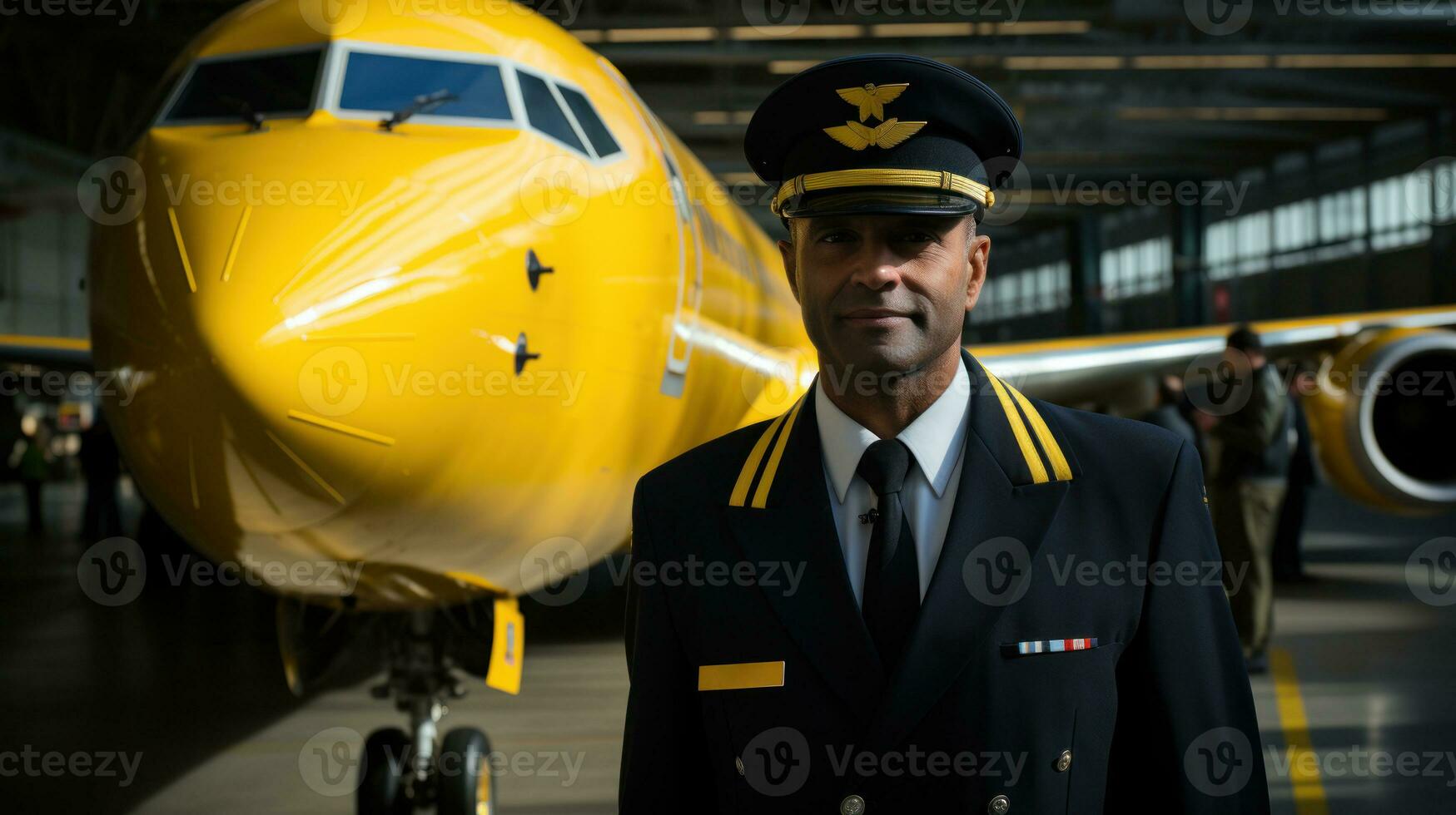 Attractive pilot man posing in front of airplane. Generative AI photo