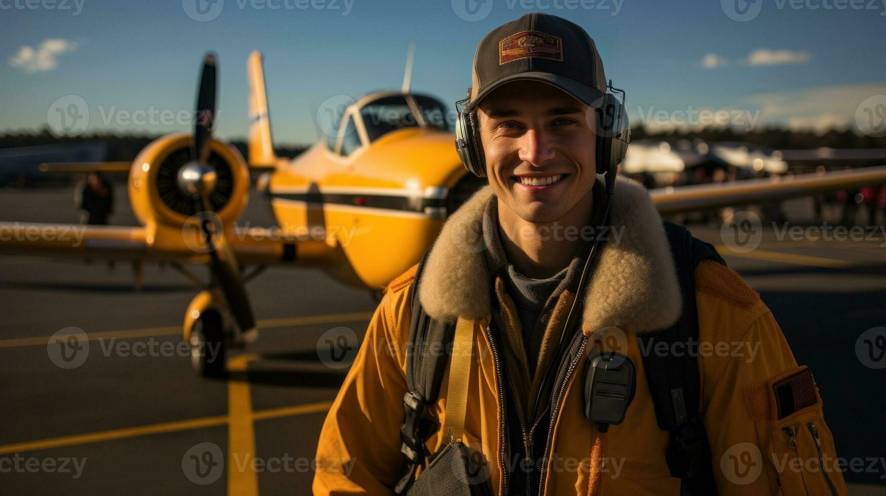 Attractive pilot man posing in front of airplane. Generative AI photo