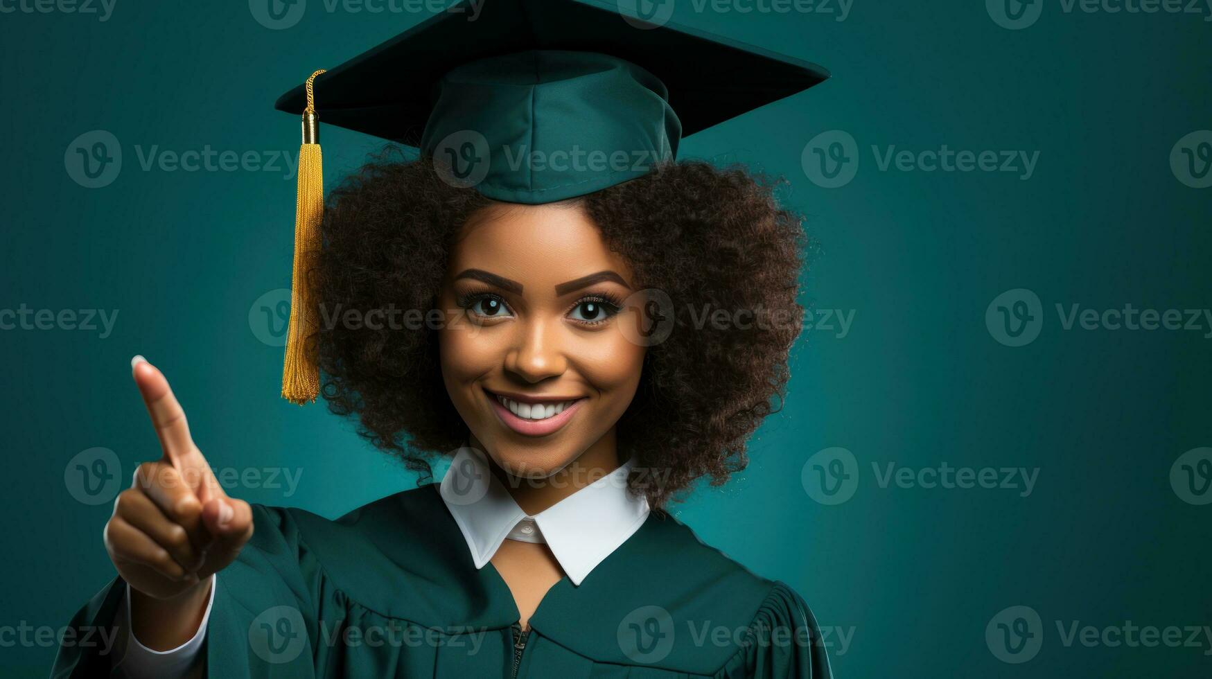 Curly-haired woman in a graduation outfit. Generative AI photo