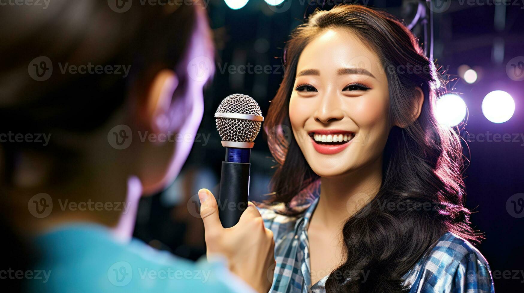 Interview with an Asian celebrity with a microphone. Generative AI photo