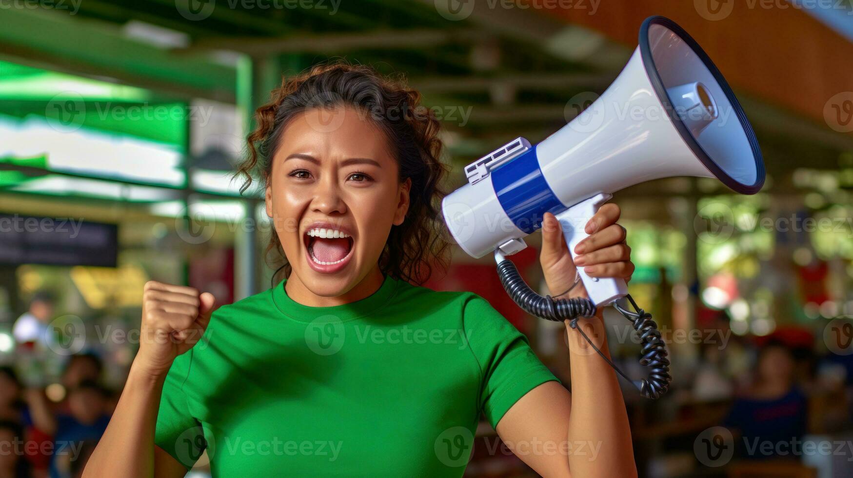 asiático mujer participación un megáfono. generativo ai foto