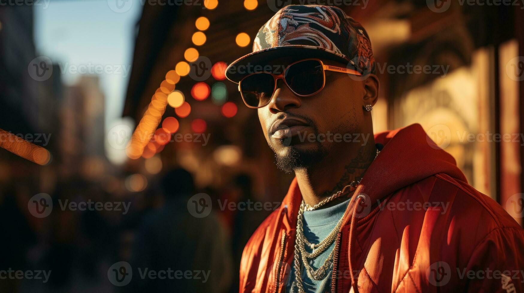 Rapper in oversized gold chains and a baseball jersey.. Generative AI photo