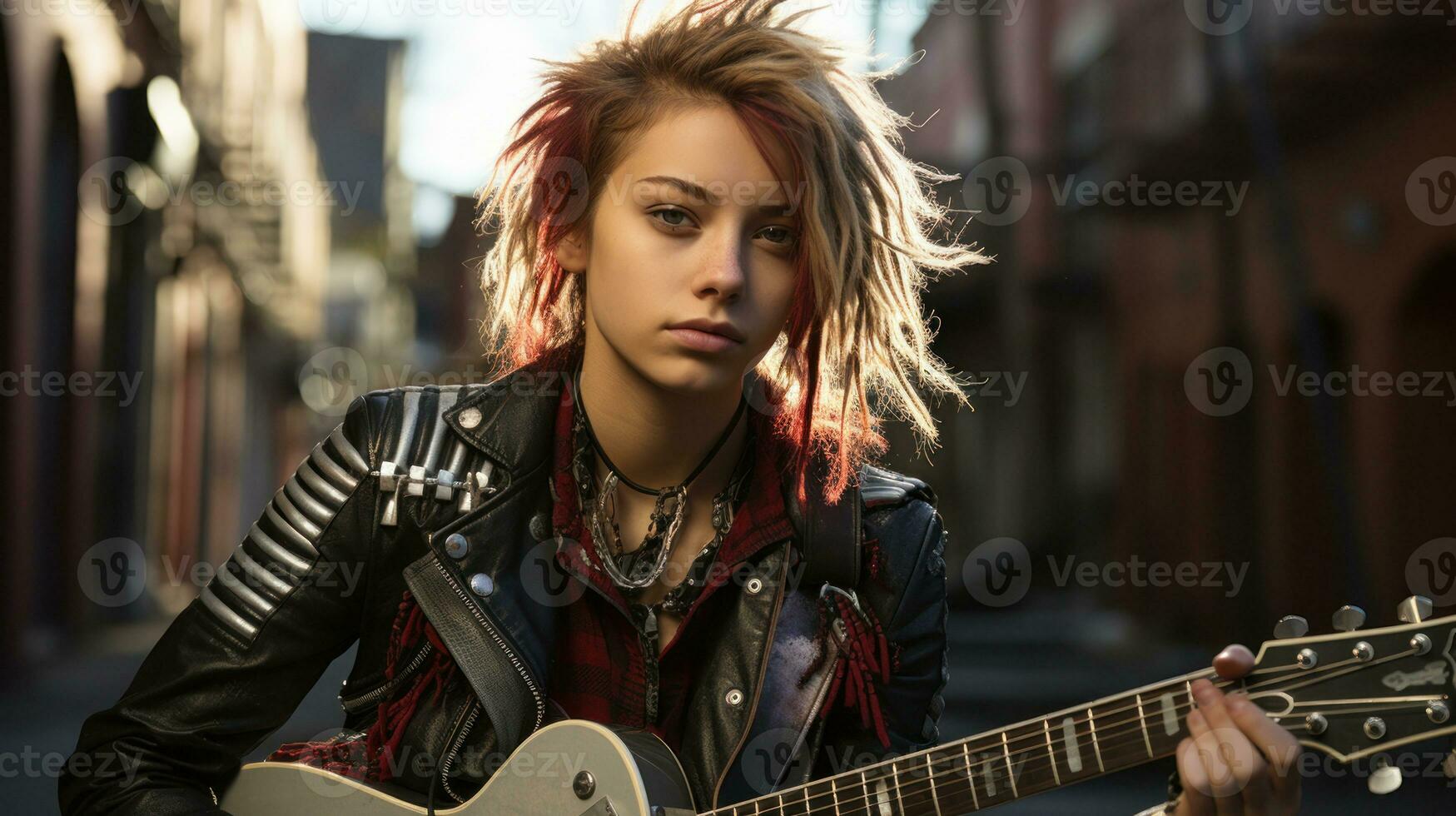 Punk-rock teenage girl with a studded jacket and guitar.. Generative AI photo