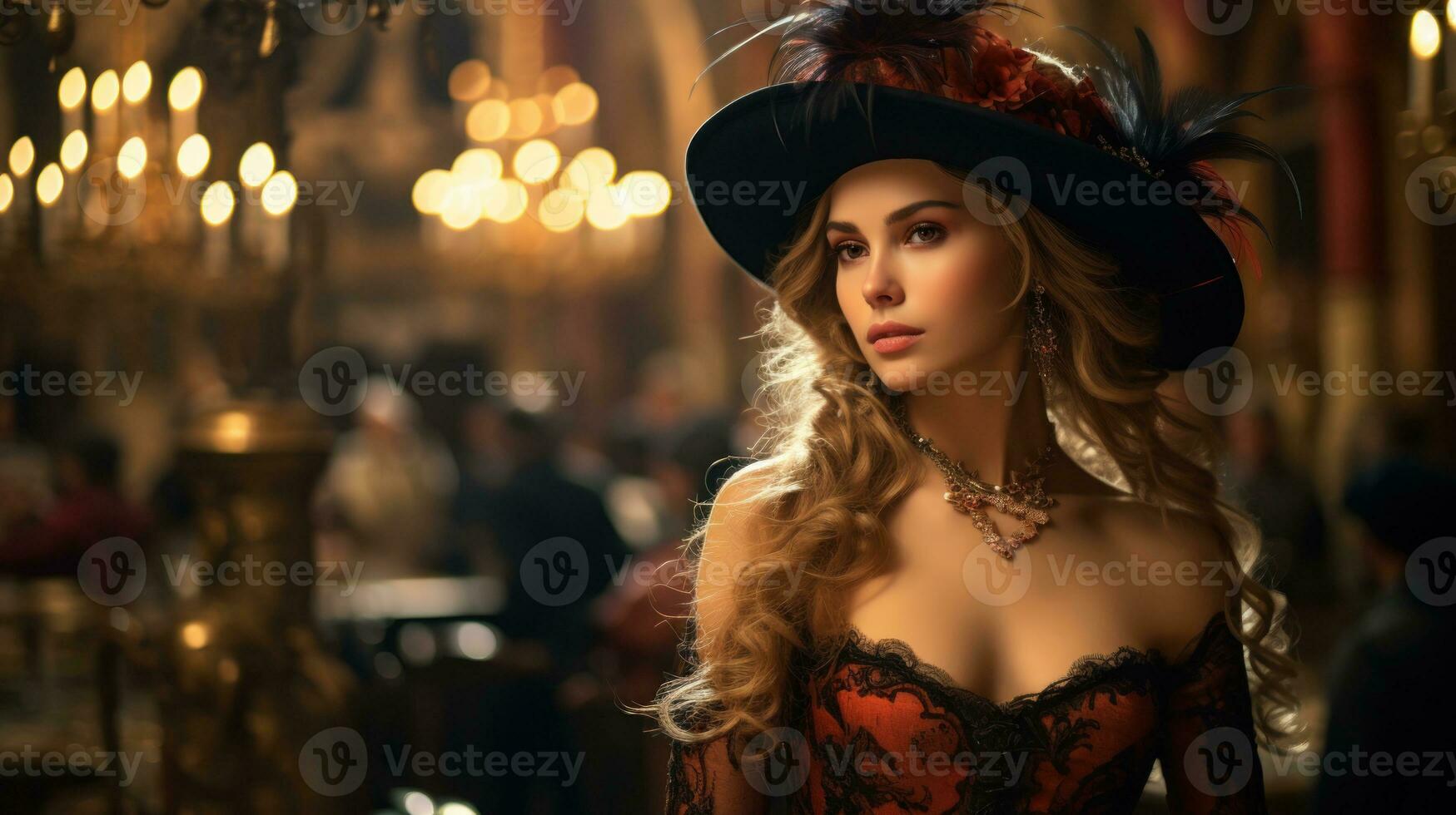 Renaissance woman in a corseted gown and feathered hat. Generative AI photo