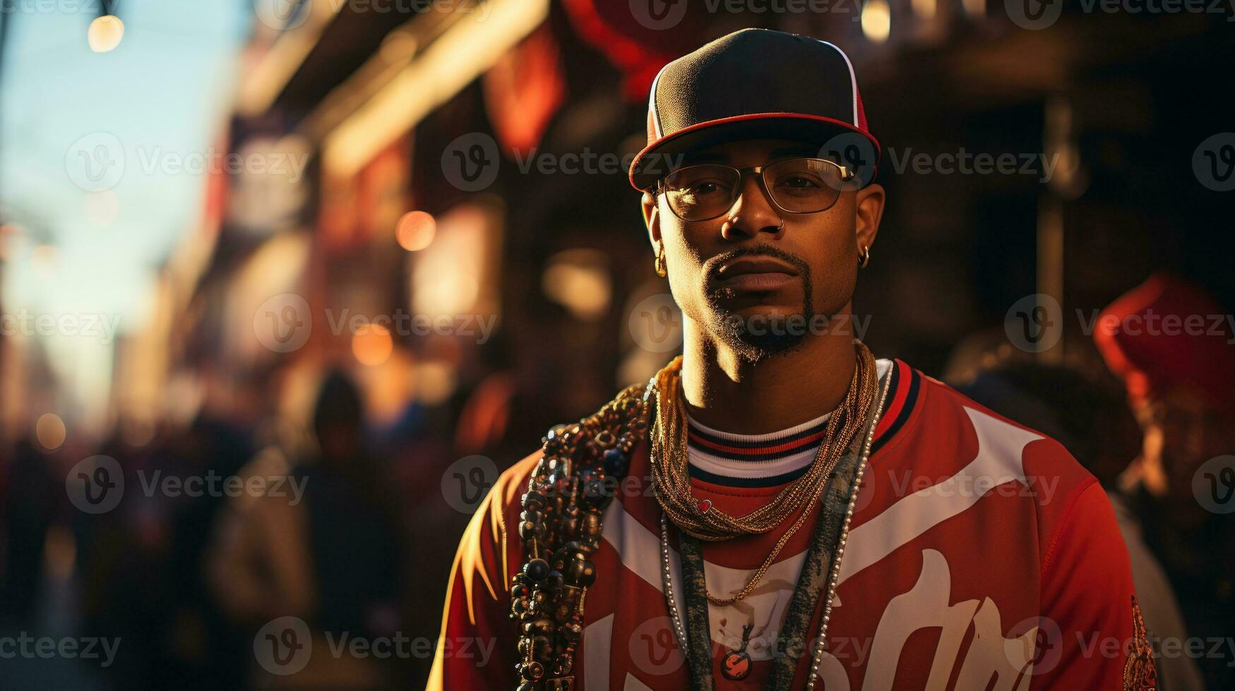 Rapper in oversized gold chains and a baseball jersey.. Generative AI photo